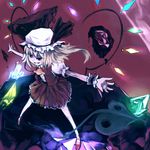  :d blonde_hair dress flandre_scarlet hat hat_ribbon laevatein open_mouth outstretched_arms puffy_sleeves red_eyes ribbon shoes short_hair side_ponytail smile solo suisa touhou wings 