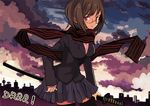  black_legwear bob_cut breasts brown_hair copyright_name durarara!! medium_breasts pleated_skirt red_eyes scarf school_uniform short_hair skirt solo sonohara_anri striped striped_scarf sword thighhighs tsukii weapon zettai_ryouiki 