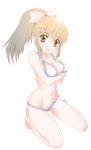  bikini breasts brown_eyes brown_hair coppi highres kneeling long_hair md5_mismatch medium_breasts open_mouth original ponytail simple_background solo swimsuit white_background 