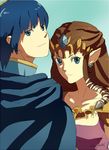  1girl blue_eyes blue_hair brown_hair cape crossover earrings fire_emblem fire_emblem:_monshou_no_nazo jewelry long_hair marth o-yuki pointy_ears princess_zelda smile super_smash_bros. the_legend_of_zelda the_legend_of_zelda:_twilight_princess tiara 