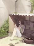  ahoge ai_ai_gasa bird book broom brown_eyes brown_hair corrugated_galvanised_iron_sheet drawing eurasian_tree_sparrow glasses original shed shimizu_(ryouta) short_hair sitting solo sparrow tire 