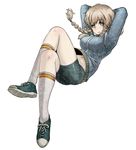  :3 amane_suzuha bike_shorts braid brown_hair butcha-u crossed_legs green_eyes jacket legs long_hair lying navel shoes sneakers socks solo steins;gate tomboy track_jacket tube_socks twin_braids 