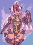  breasts curvy cyborg dark_skin elbow_gloves gloves highleg large_breasts narrow_waist purple_eyes solo t-elos thigh_gap thighhighs underboob white_hair wide_hips xenosaga xenosaga_episode_iii yukimura_tsubame 