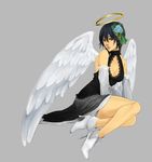  bare_shoulders black_hair blue_eyes boots breasts cleavage cleavage_cutout detached_sleeves hair_ornament halo highres lai original short_hair skirt small_breasts solo wings 