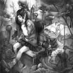  black_hair bug cellphone cigarette flower greyscale highres insect monochrome moth multiple_girls original phone school_uniform shoe_dangle shoes shuka_(taupe) single_shoe sitting socks sweater traditional_media twintails watercolor_(medium) 