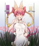  animal_ears apron bad_id bad_pixiv_id braid cat_ears closed_eyes extra_ears fang flower kaenbyou_rin long_hair naked_apron pointy_ears red_hair sakurai_energy solo spider_lily touhou twin_braids twintails 