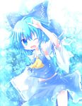  blue_eyes blue_hair bow cirno cosplay detached_sleeves fang hair_bow hakurei_reimu hakurei_reimu_(cosplay) md5_mismatch one_eye_closed open_mouth sarashi short_hair solo touhou yuya_(minus-k) 