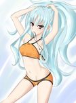  aliasse armpits bikini blue_hair breasts collarbone gayaru groin hands_in_hair highres long_hair navel orange_bikini red_eyes senjou_no_valkyria senjou_no_valkyria_2 small_breasts solo swimsuit 