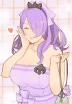  1girl alternate_hairstyle bag breasts camilla_(fire_emblem_if) cleavage eyes_closed fire_emblem fire_emblem_heroes fire_emblem_if hair_over_one_eye highres jivke large_breasts lips long_hair looking_at_viewer naked_towel nintendo ponytail purple_hair simple_background towel very_long_hair wavy_hair 