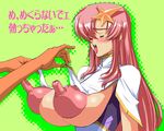  1girl areolae bangs blush breasts eyes_closed green_background hair_ornament huge_breasts huge_nipples large_areolae long_hair long_nipples male_hand mimasaka_hideaki nipples no_bra open_mouth pink_hair puffy_nipples simple_background solo_focus stick_nipples tongue tongue_out translation_request 