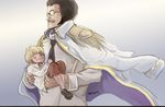  2boys afro black_hair blonde_hair carrying child donquixote_rocinante facial_hair glasses male_focus marine multiple_boys one_piece princess_carry rspixart sengoku_(one_piece) 