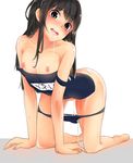  1girl all_fours arm_support black_hair blush breasts chitose_yui kneeling long_hair looking_at_viewer miko_neko_production off_shoulder purple_swimsuit pussy_juice saliva school_girl_strikers simple_background solo swimsuit swimsuit_pull wet white_background 