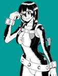  1girl asui_tsuyu belt black_eyes black_hair bodysuit boku_no_hero_academia breasts female gloves jumpsuit long_hair pcwr_etchy smile solo 