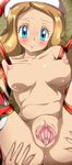  1girl anus areolae ass blue_eyes blush breasts brown_hair christmas christmas_outfit clitoral_hood clitoris decensored erect_clitoris hat legs_up legwear long_hair looking_at_viewer navel nintendo nipples nude pokemon pokemon_(game) pokemon_xy puffy_nipples pussy red_legwear santa_hat serena_(pokemon) spread_legs spread_pussy thighhighs thighs uncensored yang_meiling 