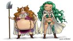  2girls amazon boa_marigold boa_sandersonia cape crossed_arms green_hair multiple_girls one_piece orange_hair polearm sisters standing weapon 