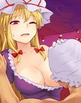  1girl bangs bare_shoulders blonde_hair bow breast_sucking breasts eyebrows_visible_through_hair gap hair_bow hand_on_another's_head hat hat_ribbon hetero long_hair medium_breasts miyo_(ranthath) mob_cap one_breast_out one_eye_closed open_mouth purple_eyes red_bow red_ribbon ribbon sidelocks sin_sack sweat touhou white_hat yakumo_yukari 