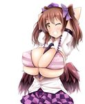  ;d arms_behind_head arms_up between_breasts bikini bikini_top black_neckwear blush bow breasts brown_hair brown_wings checkered checkered_skirt cleavage covered_nipples cowboy_shot eyebrows eyebrows_visible_through_hair feathered_wings grin hair_bow hat himekaidou_hatate huge_breasts hydrant_(kasozama) low_wings motion_lines necktie necktie_between_breasts one_eye_closed open_clothes open_mouth open_shirt purple_bikini purple_bow purple_hat purple_skirt shirt short_hair short_twintails simple_background skirt smile solo striped striped_bikini swimsuit tareme teeth tokin_hat touhou twintails upper_body white_background white_shirt wings yellow_eyes 