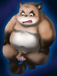  2010 anthro belly blue_eyes blush brown_fur canid canine dekatanu earth fur humanoid_hands macro male mammal moobs navel nipples overweight overweight_male penis raccoon_dog sitting solo space tanuki teeth young 