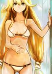  1girl arm_support bikini blonde_hair breasts cowboy_shot eyelashes green_eyes hand_on_stomach long_hair looking_at_viewer low_twintails micro_bikini navel okuto rough smile solo standing swimsuit thigh_gap twintails underboob very_long_hair 
