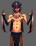  1boy _teeth armor black_hair bloodseeker dark_hair defense_of_the_ancients dota_2 dual_swords gauntlets helmet lvlv male_focus sharp shirtless simple_background solo sword weapon weapons 