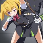  1girl bent_over biting black_skirt blonde_hair doggystyle finger_biting gloves hand_on_another's_hip hetero owari_no_seraph pleated_skirt purple_eyes ribonzu sanguu_mitsuba sex skirt sleeves_rolled_up solo_focus twintails uneven_eyes uniform white_gloves 