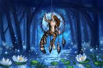  2019 anthro breasts brown_hair detailed_background dreamcatcher eyes_closed featureless_breasts felid feline female flashw forest hair long_hair mammal serval sitting solo tree water 