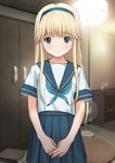  1girl blonde_hair blush hairband kobayashi_yuji long_hair looking_at_viewer school_uniform serafuku solo 