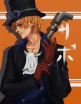  blonde_hair double-breasted gloves goggles goggles_on_hat hat male_focus one_piece pole sabo_(one_piece) scar solo top_hat 