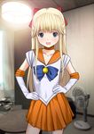  bishoujo_senshi_sailor_moon blonde_hair blush cosplay hairband hands_on_hips kobayashi_yuji long_hair looking_at_viewer sailor_venus sailor_venus_(cosplay) standing 