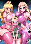  1boy 2girls artist_request bare_shoulders blonde_hair blue_eyes blush breasts crown curvy elbow_gloves erect_nipples erection erection_under_clothes femdom futa_with_male futanari gloves imminent_rape kneeling large_breasts link long_hair looking_at_viewer mario_(series) maruchizu multiple_girls nintendo open_mouth penis penis_on_face pointy_ears princess_peach princess_zelda super_mario_bros. tears the_legend_of_zelda thighhighs tiara wide_hips young_link 