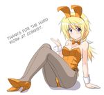  1girl animal_ears blonde_hair bow bowtie bunny_ears bunnysuit charlotte_dunois detached_collar grey_eyes hard_translated high_heels infinite_stratos long_hair masakichi_(crossroad) pantyhose ponytail solo translated twintails wrist_cuffs 