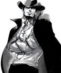  1boy crossed_arms dracule_mihawk hat hat_feather jacket_on_shoulders male_focus muscle necklace one_piece open_shirt realistic shirt solo spot_color yellow_eyes 