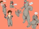  &lt;3 2016 4_fingers 4_toes 5_fingers anthro blue_eyes blush breasts brown_eyes brown_hair canid canine canis dangerouslygooey english_text featureless_crotch female front_view ftm_transformation gender_transformation hair hand_behind_head hi_res human licking licking_lips male mammal nipples red_background saliva screencap simple_background speech_bubble standing suit_transformation text toes tongue tongue_out transformation vore wolf zipper 