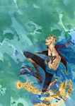  1boy blonde_hair blue_fire fiery_wings fire flying male_focus marco one_piece open_shirt pirate shirt solo tattoo transformation whitebeard_pirates wings 