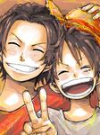  2boys brothers eyes_closed family freckles hat male_focus monkey_d_luffy multiple_boys one_piece portgas_d_ace scar siblings smile straw_hat v younger 