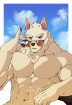  2019 abs anthro biceps canid canine canis eyewear fur gakujo hi_res male mammal muscular muscular_male pecs solo sunglasses wolf 