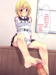  1girl bad_id barefoot blonde_hair censored charlotte_dunois feet footjob hard_translated humiliation infinite_stratos koucha_(nodoka-123) long_legs penis purple_eyes solo_focus translated 