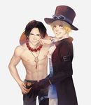  2boys abs black_gloves blonde_hair bracelet brothers brown_hair coat cravat freckles gloves goggles goggles_on_hat hat jewelry multiple_boys necklace one_piece portgas_d_ace sabo_(one_piece) scar siblings stampede_string tattoo thigh_strap top_hat topless 