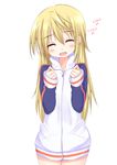  1girl aosi_(wasabiranzy) blonde_hair blush charlotte_dunois eyes_closed hair_down happy hard_translated infinite_stratos long_hair long_sleeves no_pants open_mouth solo text track_jacket translated white_background 