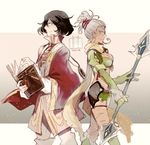  1boy 1girl armor black_hair book boots bra breasts cape cleavage conway_tau earrings eyepatch gloves grey_hair jewelry long_hair midriff pants ponytail purple_eyes qq_selesneva scarf short_hair shorts smile spear tales_of_(series) tales_of_innocence tattoo underwear weapon yellow_eyes 