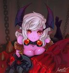  1girl animated animated_gif artist_request ass breasts chains conversation demon fang feet horns league_of_legends long_hair lying orange_eyes pantyhose smile talking tattoo vi_(league_of_legends) white_hair 