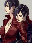  ada_wong artist_name black_hair breasts brown_eyes carla_radames cleavage cross earrings elina_kuroe_no_daarin hug hug_from_behind jewelry lipstick makeup multiple_girls necklace resident_evil resident_evil_6 short_hair yuri 