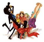  2girls 6+boys black_hair blonde_hair blue_hair bow brook franky green_hair monkey_d_luffy multiple_boys multiple_girls nami_(one_piece) nico_robin one_piece orange_hair ribbon roronoa_zoro sanji tony_tony_chopper usopp 