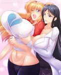  2girls black_hair blonde_hair blue_eyes blush breast_grab breasts cleavage curvy erect_nipples grabbing haganef hair_ornament huge_breasts large_breasts long_hair looking_at_viewer multiple_girls navel open_mouth smile surprised wide_hips 