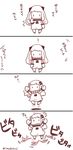  4koma chibi comic fish go_back! horns jumping kantai_collection kobone long_hair looking_at_viewer mittens monochrome northern_ocean_hime partially_translated saury shinkaisei-kan solo translation_request waving 