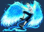  1boy blonde_hair blue_fire fiery_wings fire itsuki_(nightlight) male_focus marco one_piece open_shirt sandals shirt solo transformation whitebeard_pirates 