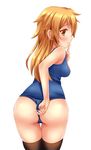  1girl adjusting_clothes adjusting_swimsuit ass bare_shoulders blush breasts fast-runner-2024 female from_behind long_hair looking_at_viewer looking_back orange_eyes orange_hair original school_uniform shiny shiny_clothes shiny_skin sideboob simple_background small_breasts solo swimsuit thighhighs tiffy wedgie white_background 