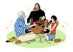  3boys eating family father_and_son food male_focus monkey_d_dragon monkey_d_garp monkey_d_luffy multiple_boys one_piece 