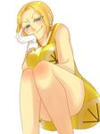  1girl baroque_works blonde_hair gloves lemon_print miss_valentine one_piece sitting solo white_gloves yellow_dress 