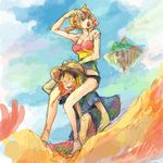  1girl billy_(one_piece) bird floating_island flying hat monkey_d_luffy nami_(one_piece) one_piece one_piece:_strong_world riding straw_hat tattoo 